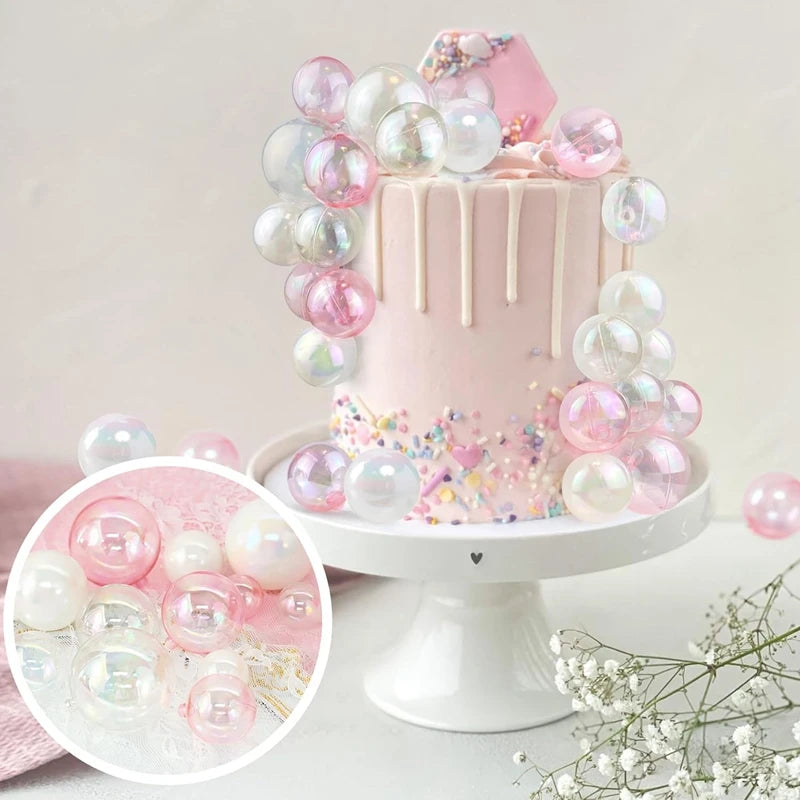 Pearl Ball Cake Toppers – 33-Piece Set in Pink, White & Clear