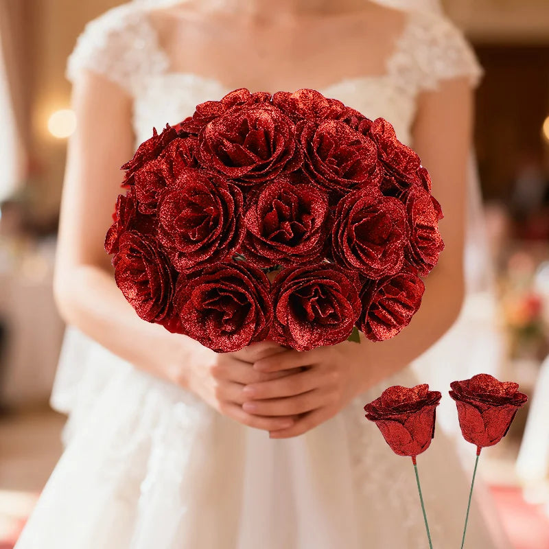 Glitter Rose Artificial Flower Bouquet – Wedding & Valentine’s Decor