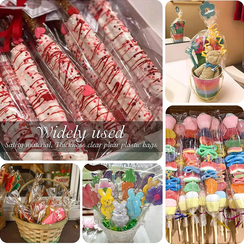 Clear Cellophane Candy Bags – 50 or 100 Pcs Long Treat Bags for Lollipops, Cookies & Party Favors