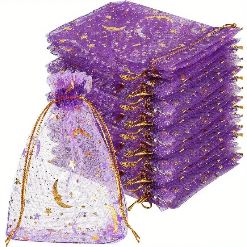 Purple Moon & Star Organza Favor Bags – 50 Pcs
