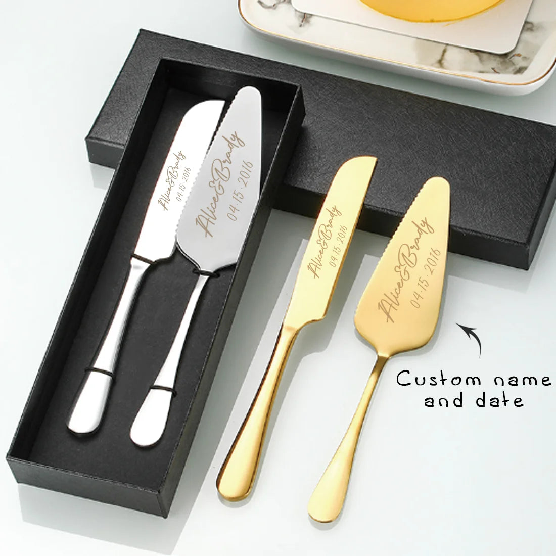 Engraved Cake Knife & Server Set – Stainless Steel with Gift Box