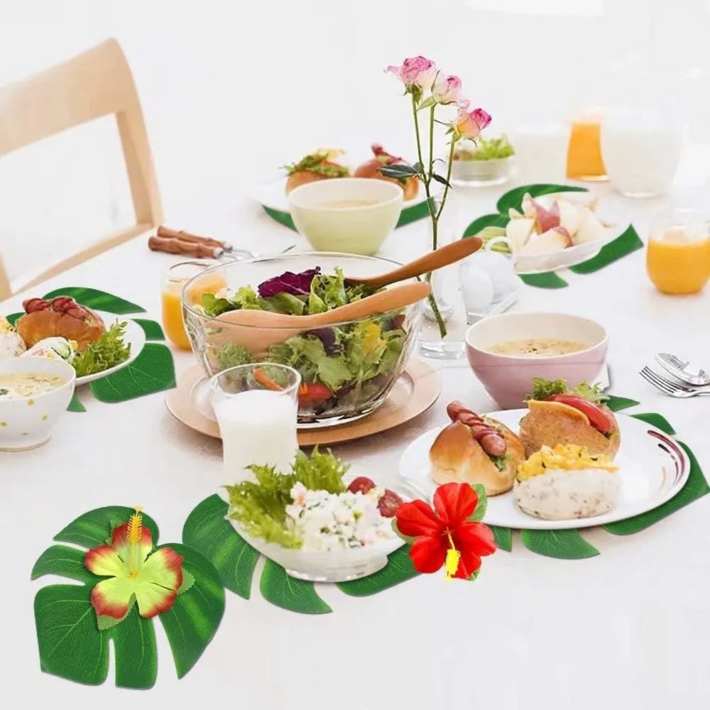 Tropical Palm Leaf & Hibiscus Flower Set – 20-Piece Luau Party Decor