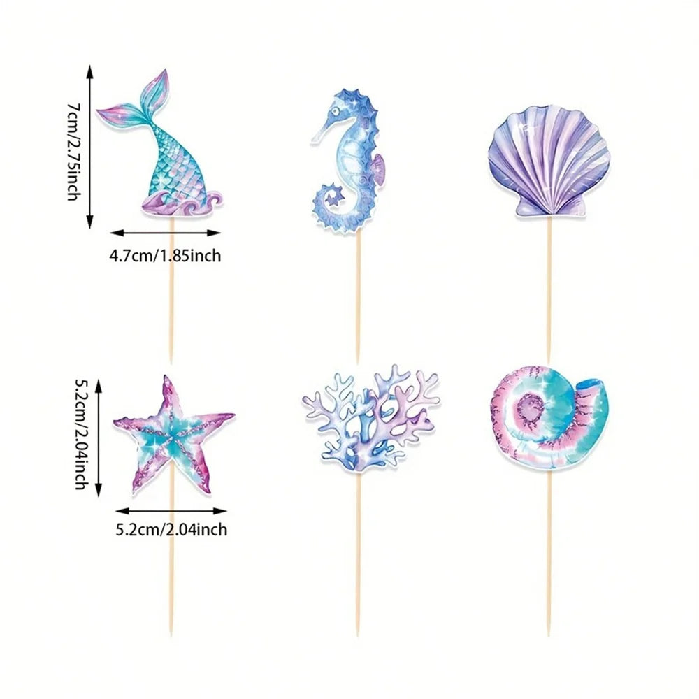 Mermaid Cake Toppers – Reusable Paperboard Set (6, 12 or 24 Pcs)