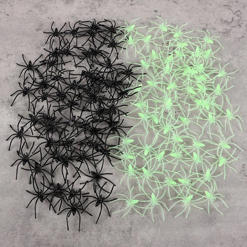Halloween Fake Spiders – 50 or 100 Pcs Glow-in-the-Dark & Black Plastic Spider Props