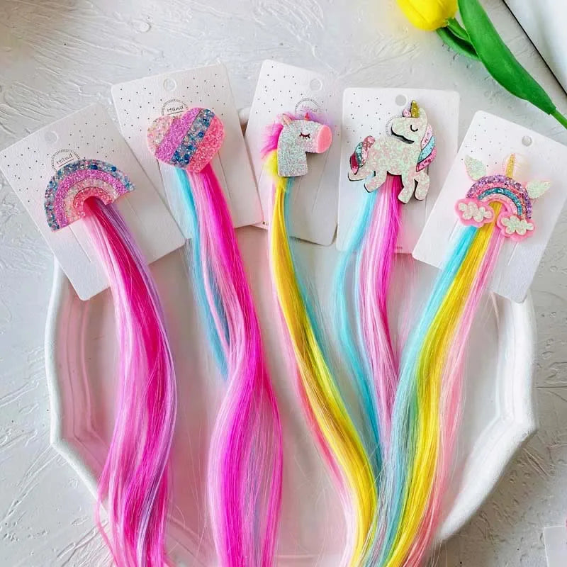 Unicorn Rainbow Wig Hair Clips – Colorful Braid Headwear for Girls (1 & 2 Pack)