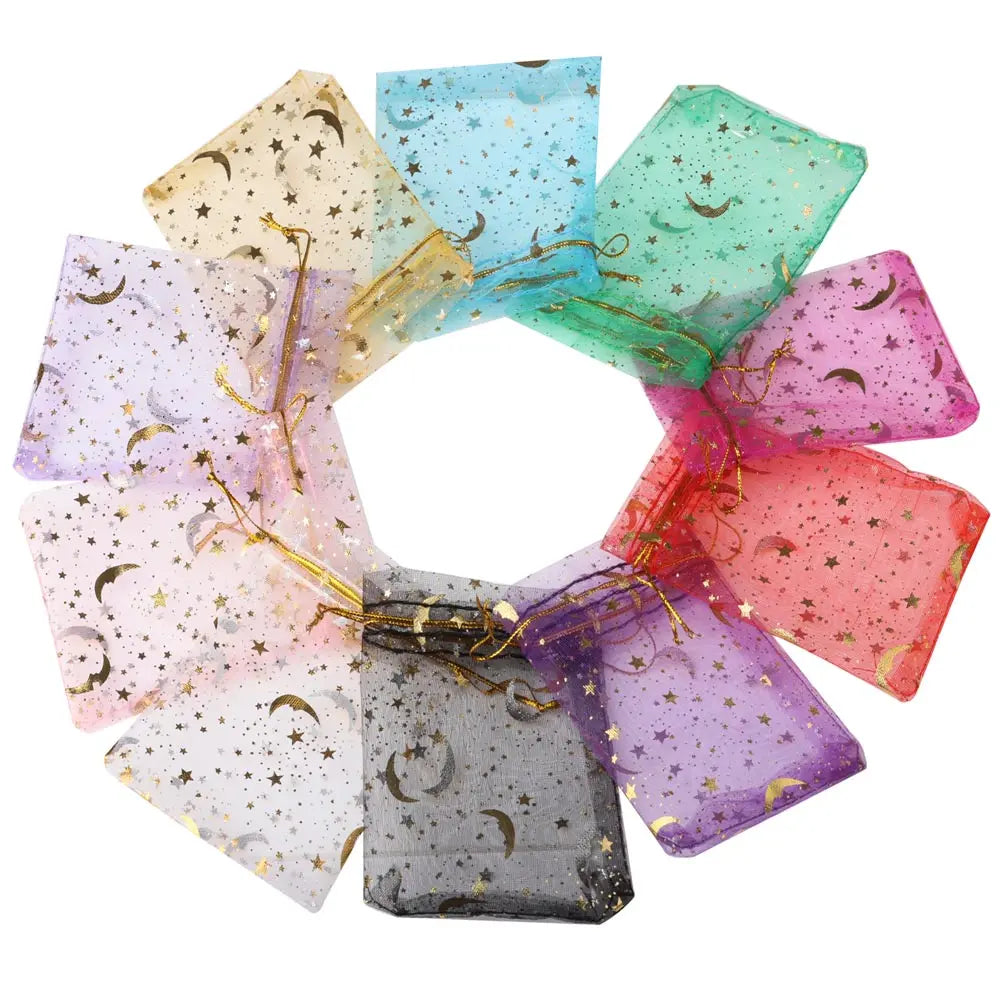 Organza Gift Bags – Moon & Star Gold Print (100 pcs)