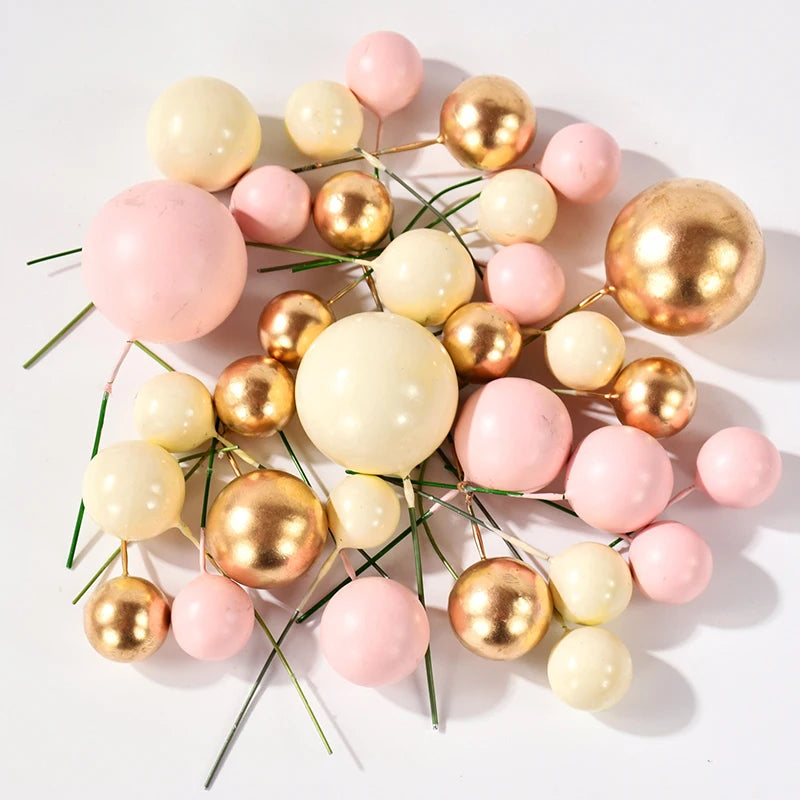 Ball Cake Toppers – Pearl & Gold Cupcake Topper Set for Birthday, Wedding & Baby Shower (32 Pcs)