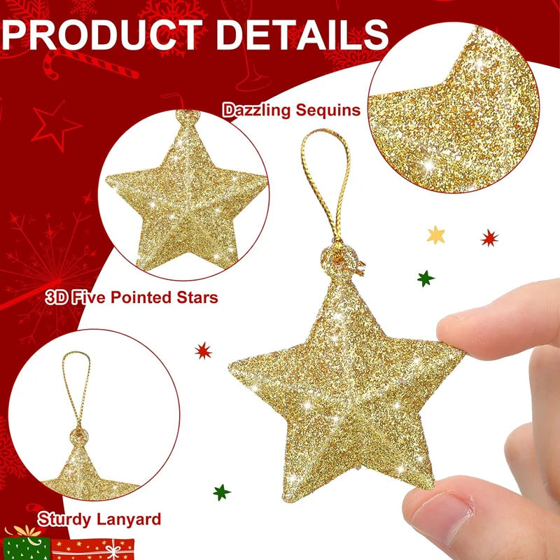 Glitter Star Christmas Tree Ornaments – Hanging Pendants in Gold, Silver & Multicolor (6, 12 & 24 Pack)