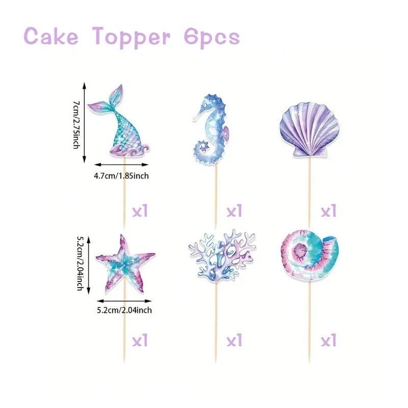 Mermaid Cake Toppers – Reusable Paperboard Set (6, 12 or 24 Pcs)