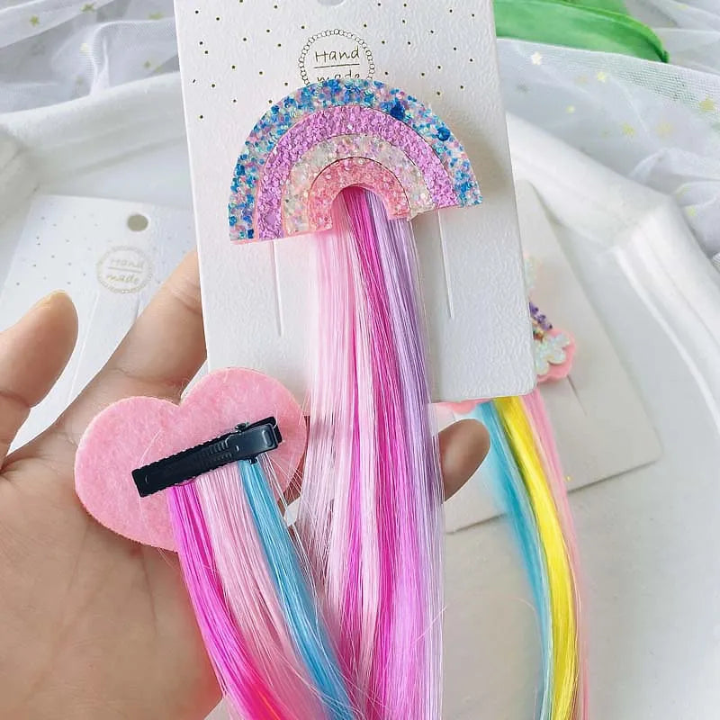 Unicorn Rainbow Wig Hair Clips – Colorful Braid Headwear for Girls (1 & 2 Pack)