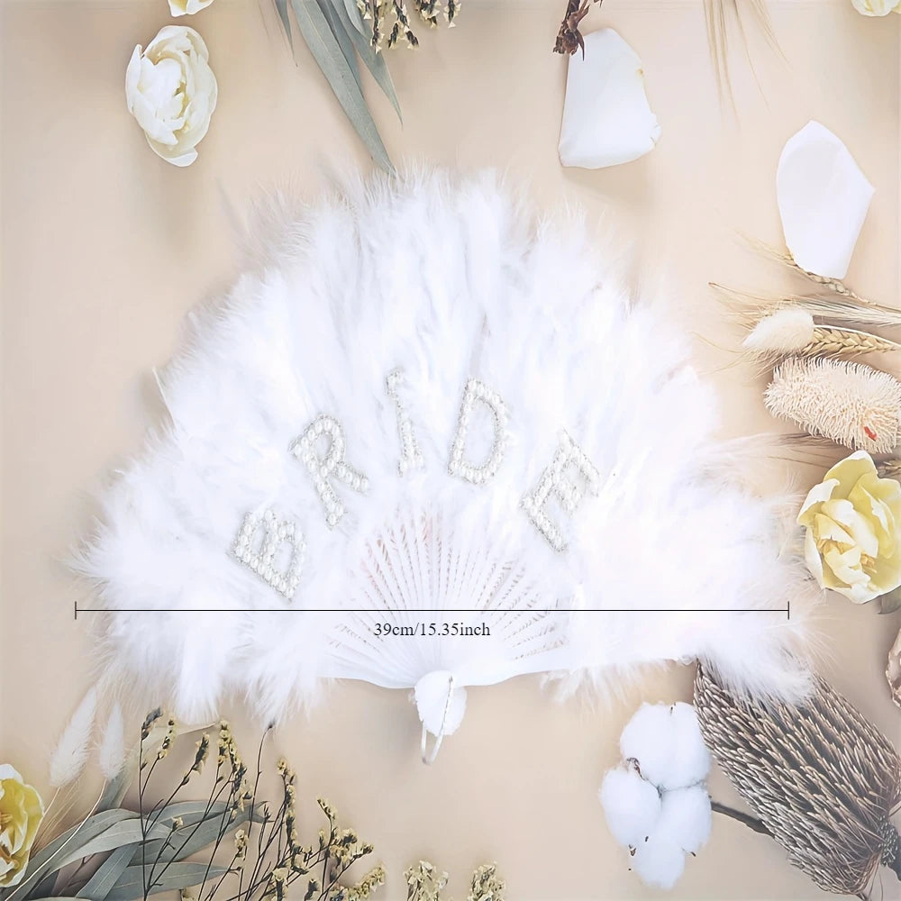 Bride Pearl & Feather Hand Fan – Elegant Bridal Accessory for Weddings, Bridal Showers & Hen Parties