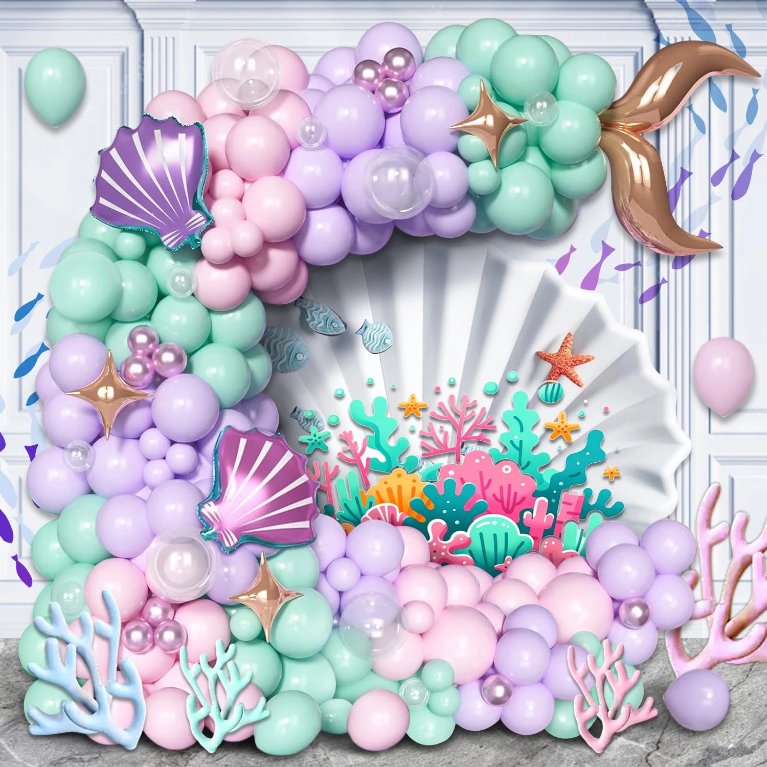 Mermaid Balloon Arch Kit – 109-Piece Ocean Theme Set with Shell & Fishtail Foil Balloons for Birthdays, Baby Showers & Weddings