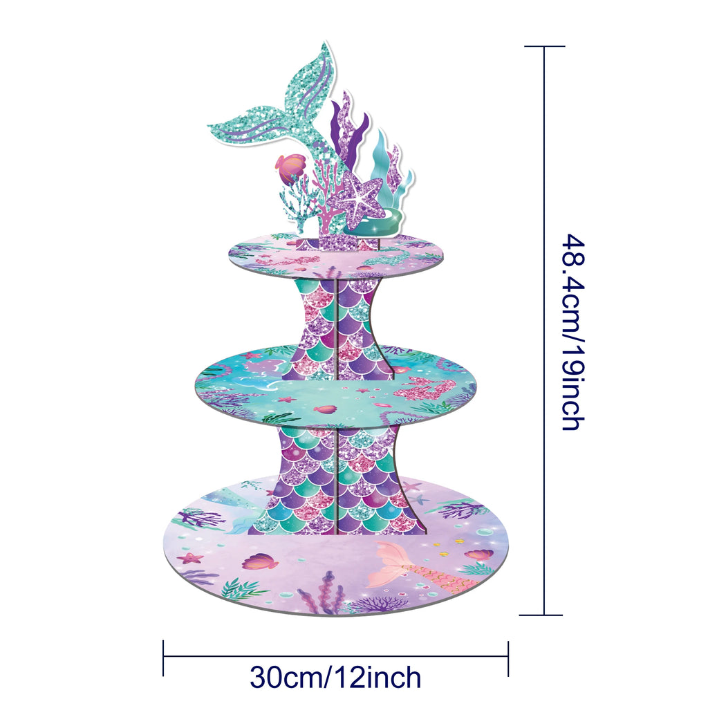 Mermaid 3-Tier Cake Stand – Cupcake Wrappers & Topper Display Kit