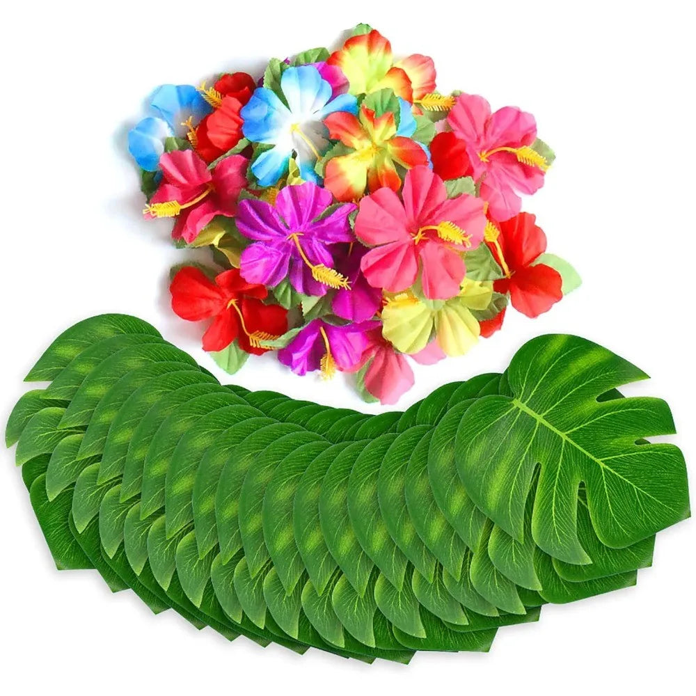 Tropical Palm Leaf & Hibiscus Flower Set – 20-Piece Luau Party Decor