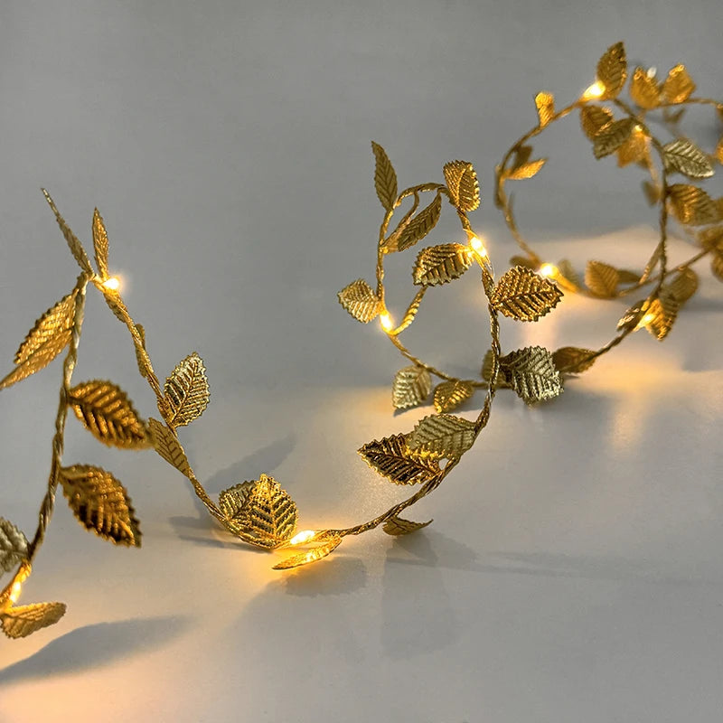 Golden Leaf String Fairy Lights – 2M 20 LED Vine Garland for Weddings & Parties