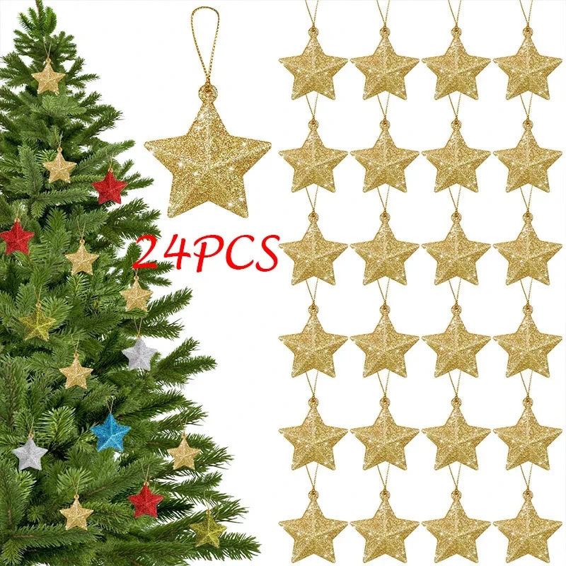 Glitter Star Christmas Tree Ornaments – Hanging Pendants in Gold, Silver & Multicolor (6, 12 & 24 Pack)